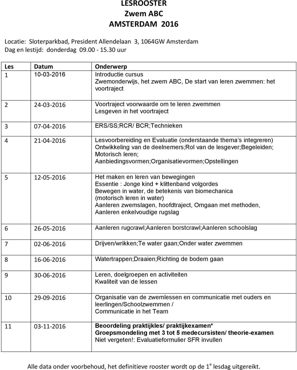 (onderstaande thema s integreren) 5 12-05-2016 Het maken en leren van bewegingen 6 26-05-2016 Aanleren rugcrawl;aanleren borstcrawl;aanleren schoolslag 7 02-06-2016 Drijven/wrikken;Te