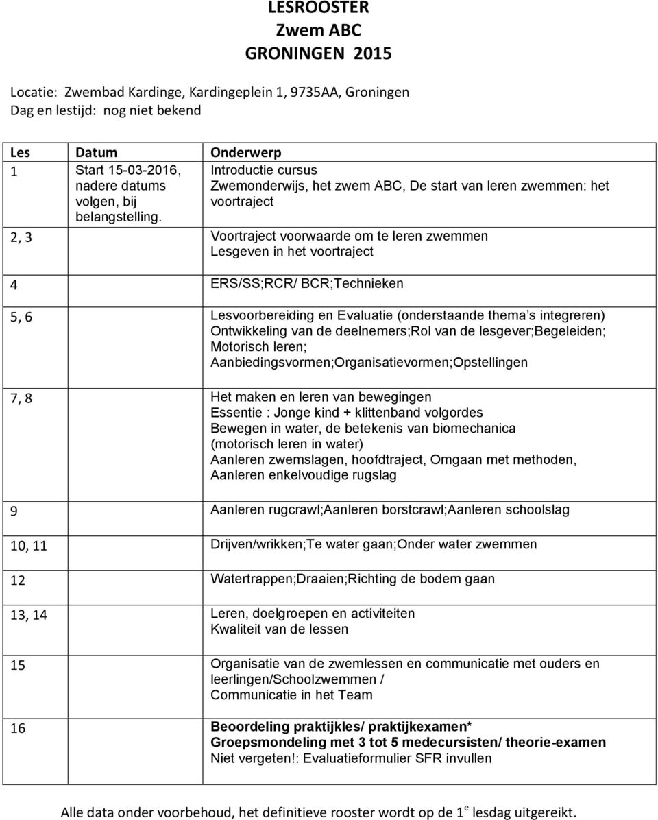 bewegingen 9 Aanleren rugcrawl;aanleren borstcrawl;aanleren schoolslag 10, 11 Drijven/wrikken;Te water gaan;onder water zwemmen 12 Watertrappen;Draaien;Richting