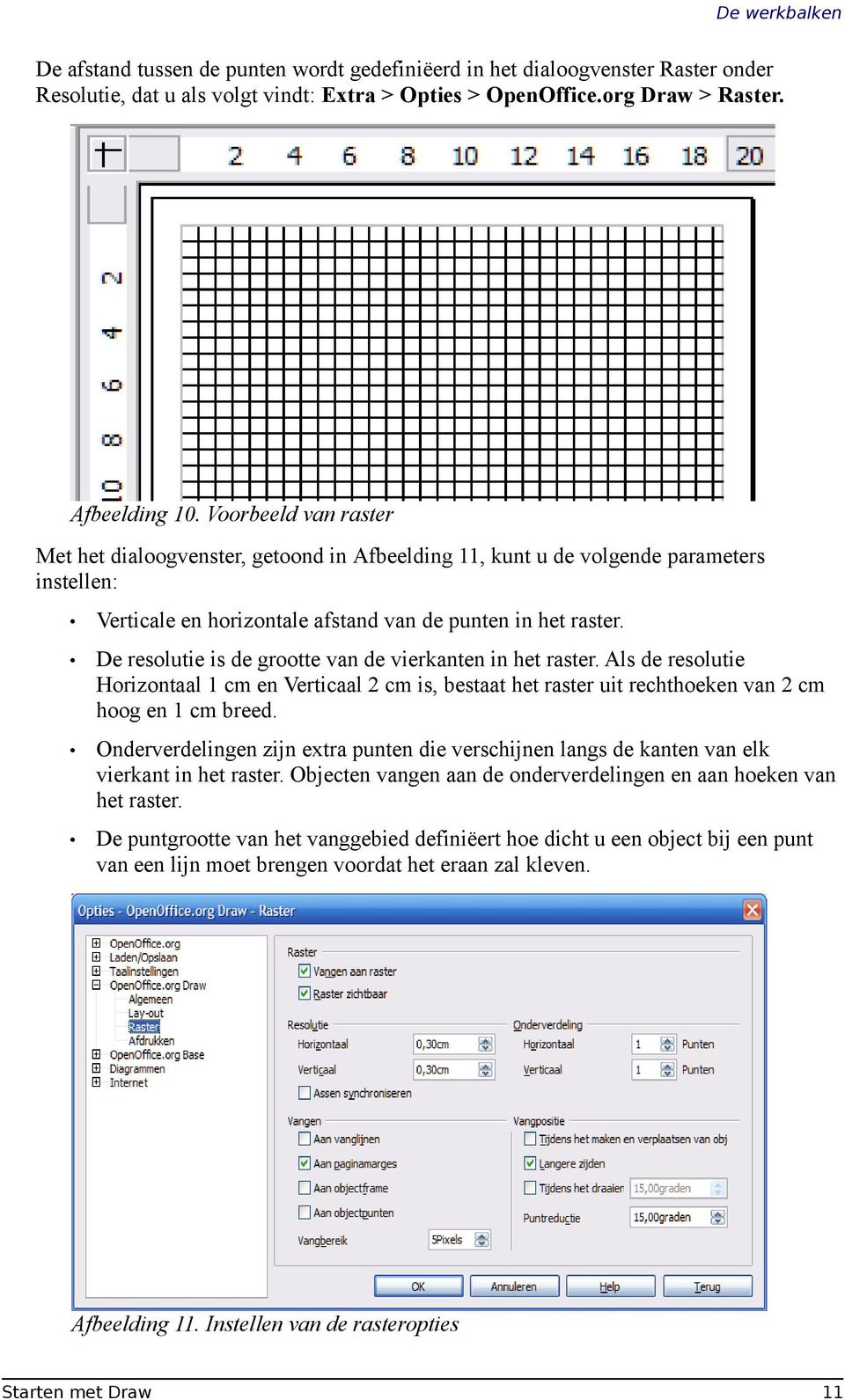 De resolutie is de grootte van de vierkanten in het raster. Als de resolutie Horizontaal 1 cm en Verticaal 2 cm is, bestaat het raster uit rechthoeken van 2 cm hoog en 1 cm breed.