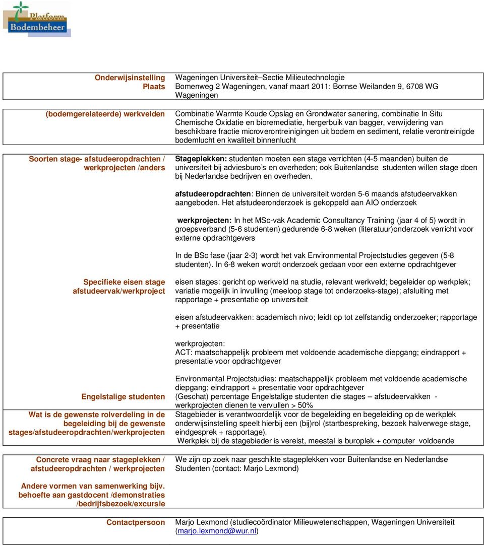 van beschikbare fractie microverontreinigingen uit bodem en sediment, relatie verontreinigde bodemlucht en kwaliteit binnenlucht Stageplekken: studenten moeten een stage verrichten (4-5 maanden)