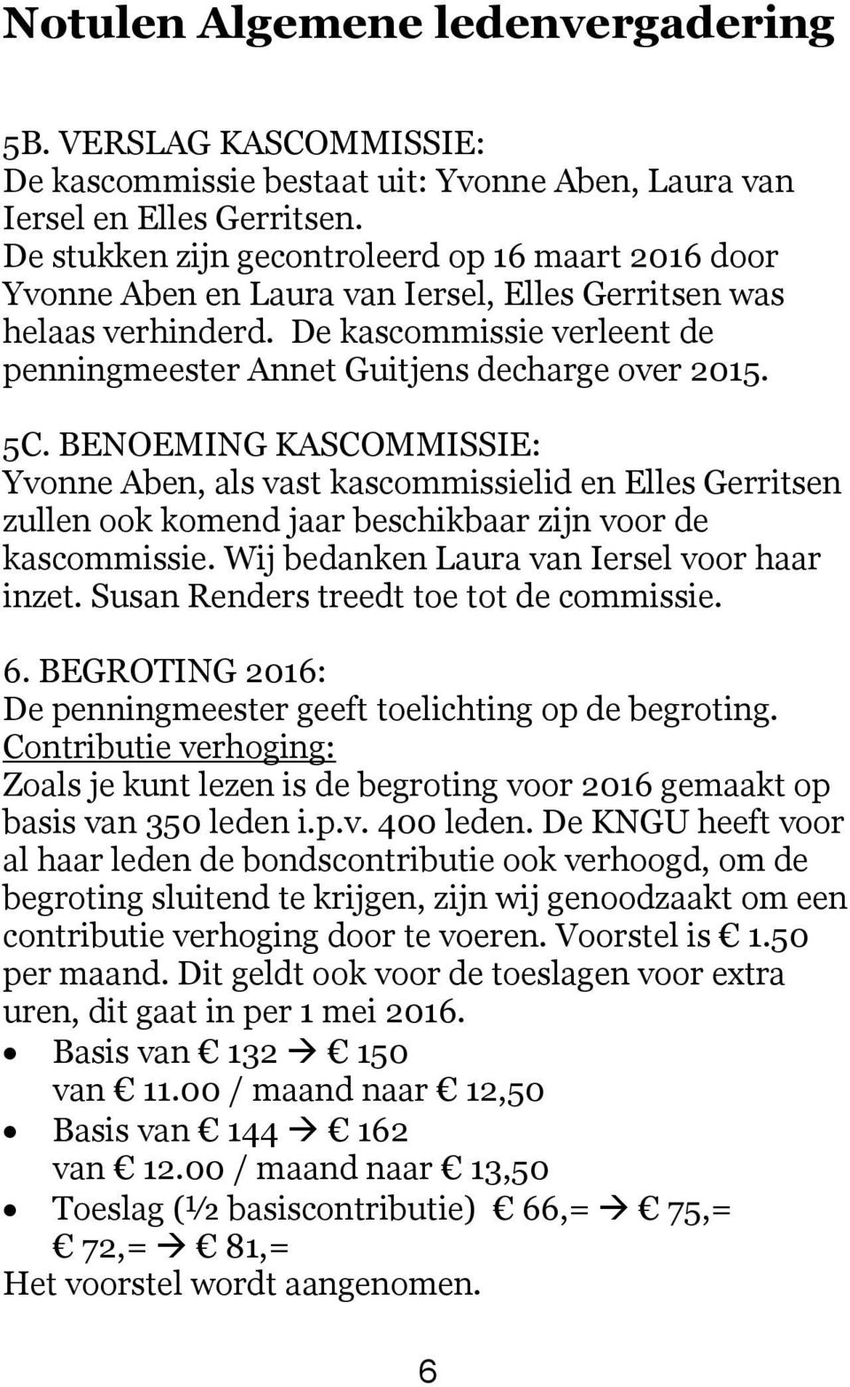 De kascommissie verleent de penningmeester Annet Guitjens decharge over 2015. 5C.