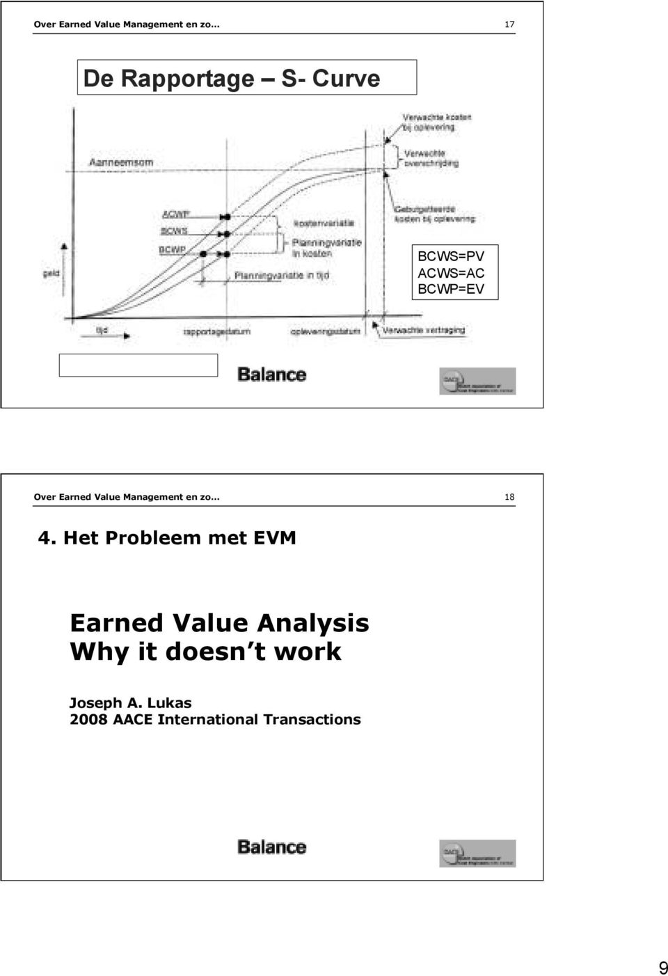 18 4. Het Probleem met EVM Earned Value Analysis Why it