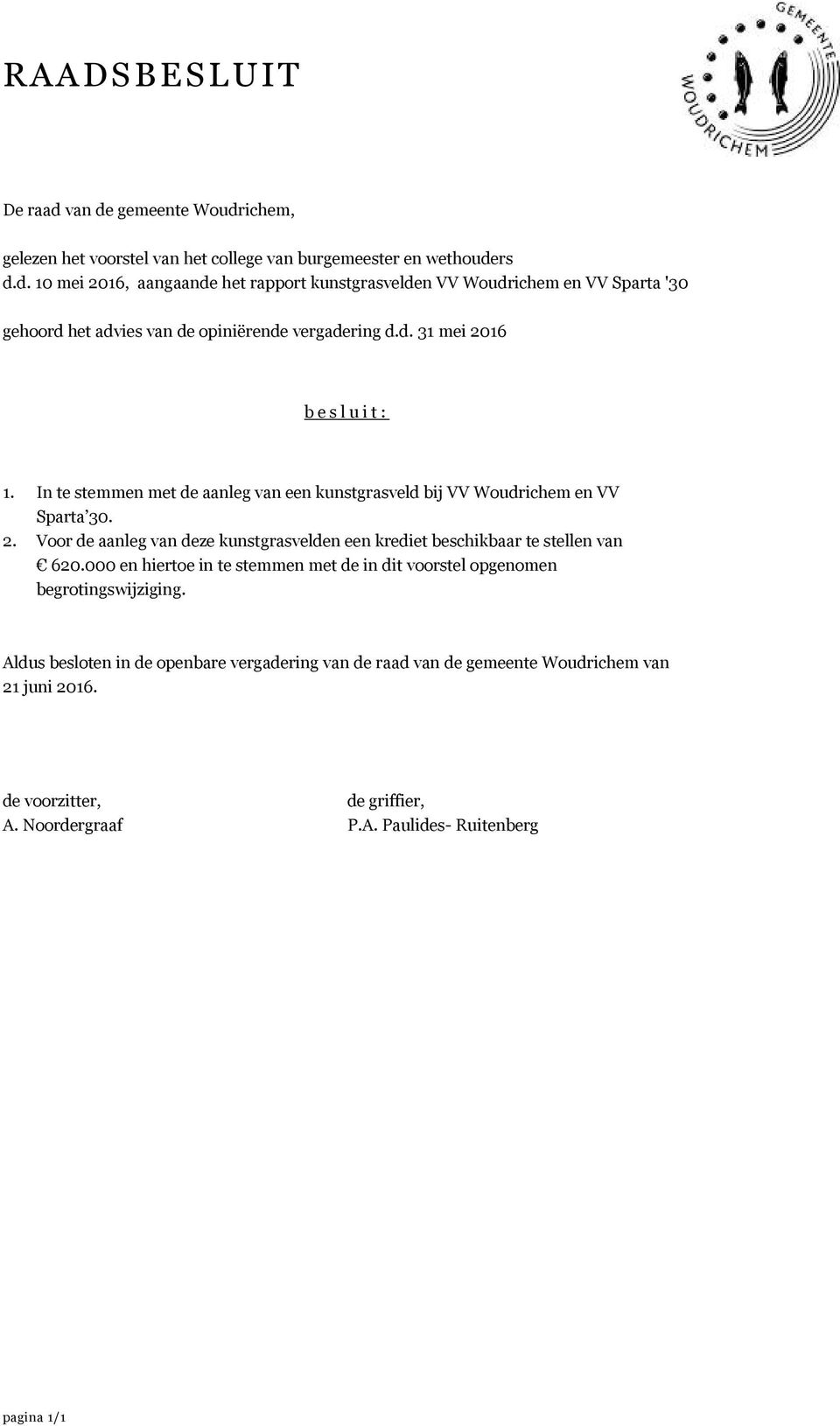 000 en hiertoe in te stemmen met de in dit voorstel opgenomen begrotingswijziging. Aldus besloten in de openbare vergadering van de raad van de gemeente Woudrichem van 21 juni 2016.