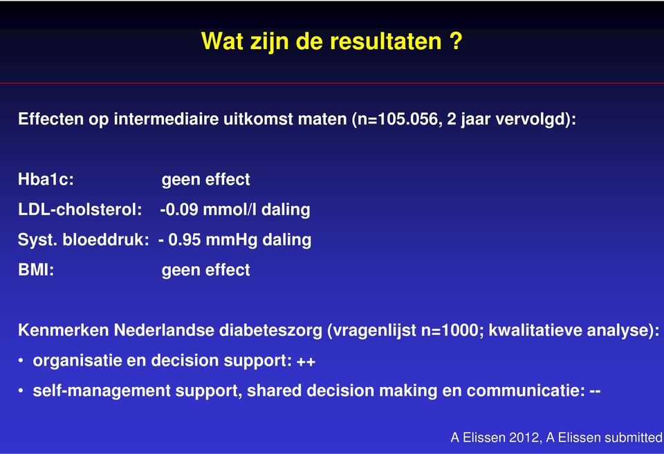 95 mmhg daling BMI: geen effect Kenmerken Nederlandse diabeteszorg (vragenlijst n=1000; kwalitatieve