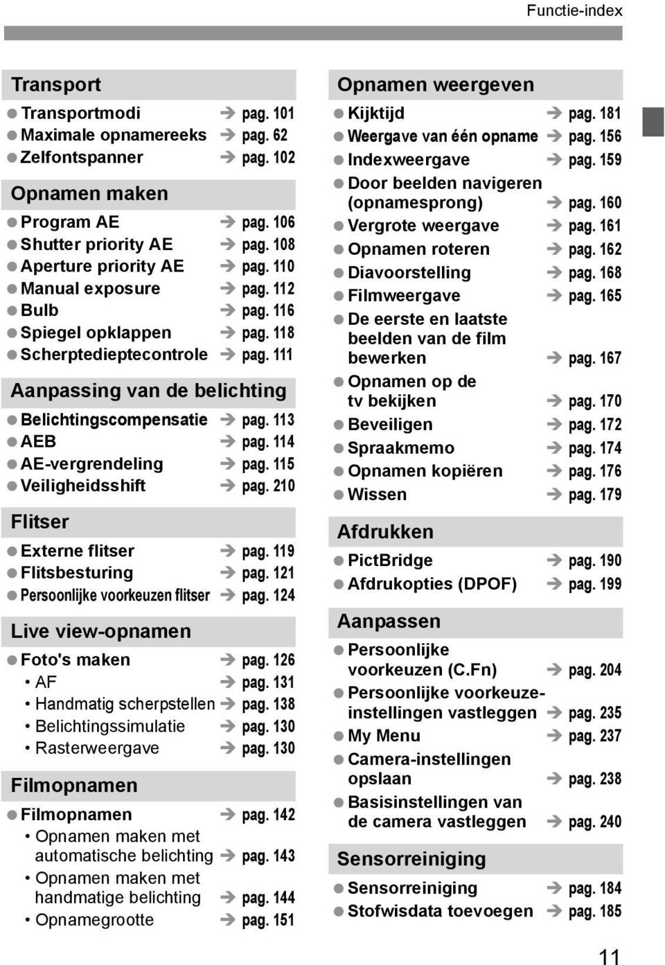 115 Veiligheidsshift pag. 210 Flitser Externe flitser pag. 119 Flitsbesturing pag. 121 Persoonlijke voorkeuzen flitser pag. 124 Live view-opnamen Foto's maken pag. 126 AF pag.