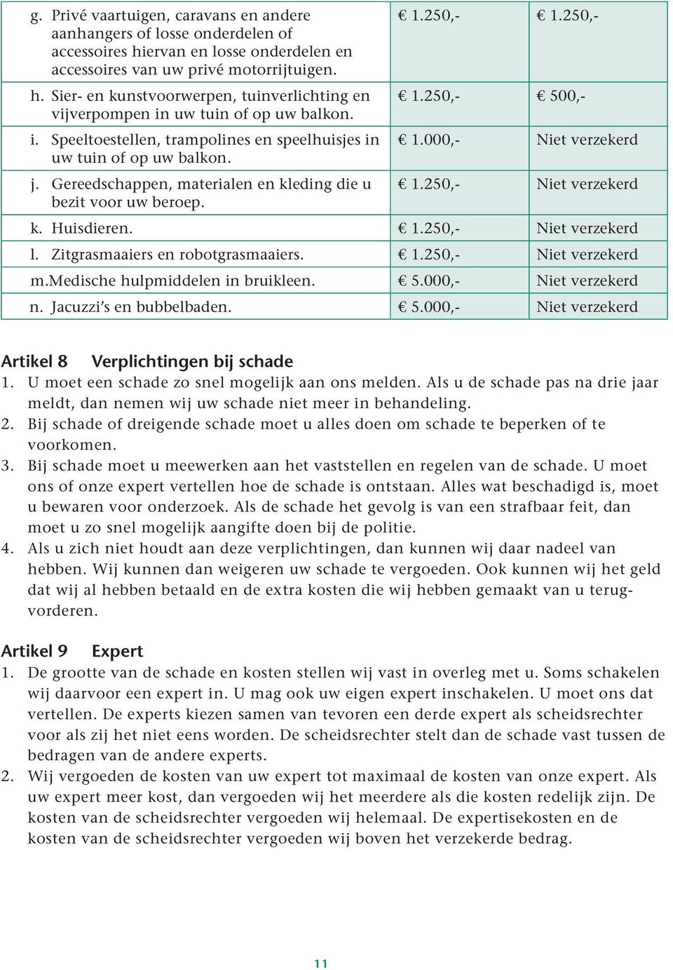 j. Gereedschappen, materialen en kleding die u 1.250,- Niet verzekerd bezit voor uw beroep. k. Huisdieren. 1.250,- Niet verzekerd l. Zitgrasmaaiers en robotgrasmaaiers. 1.250,- Niet verzekerd m.