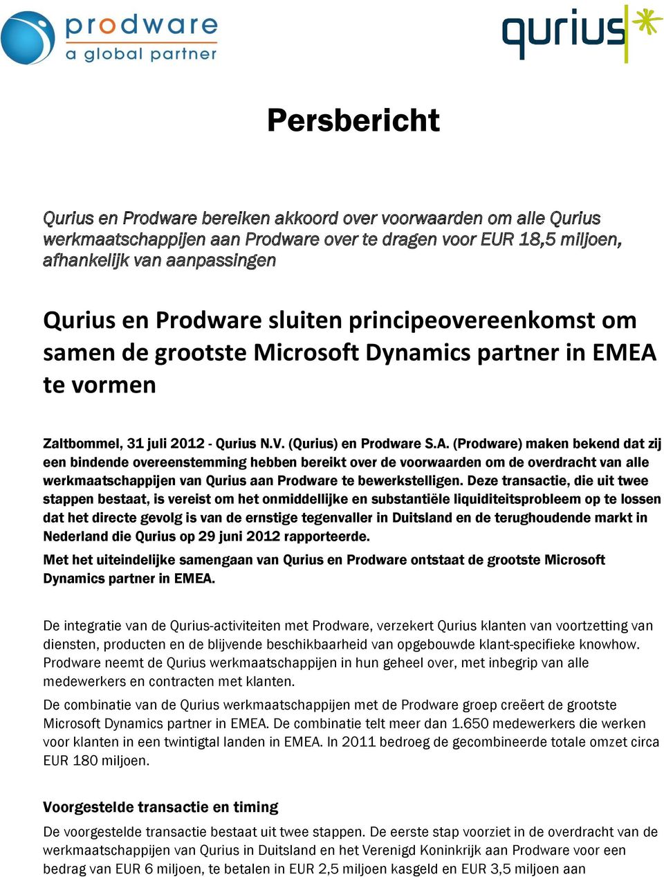 te vormen Zaltbommel, 31 juli 2012 - Qurius N.V. (Qurius) en Prodware S.A.