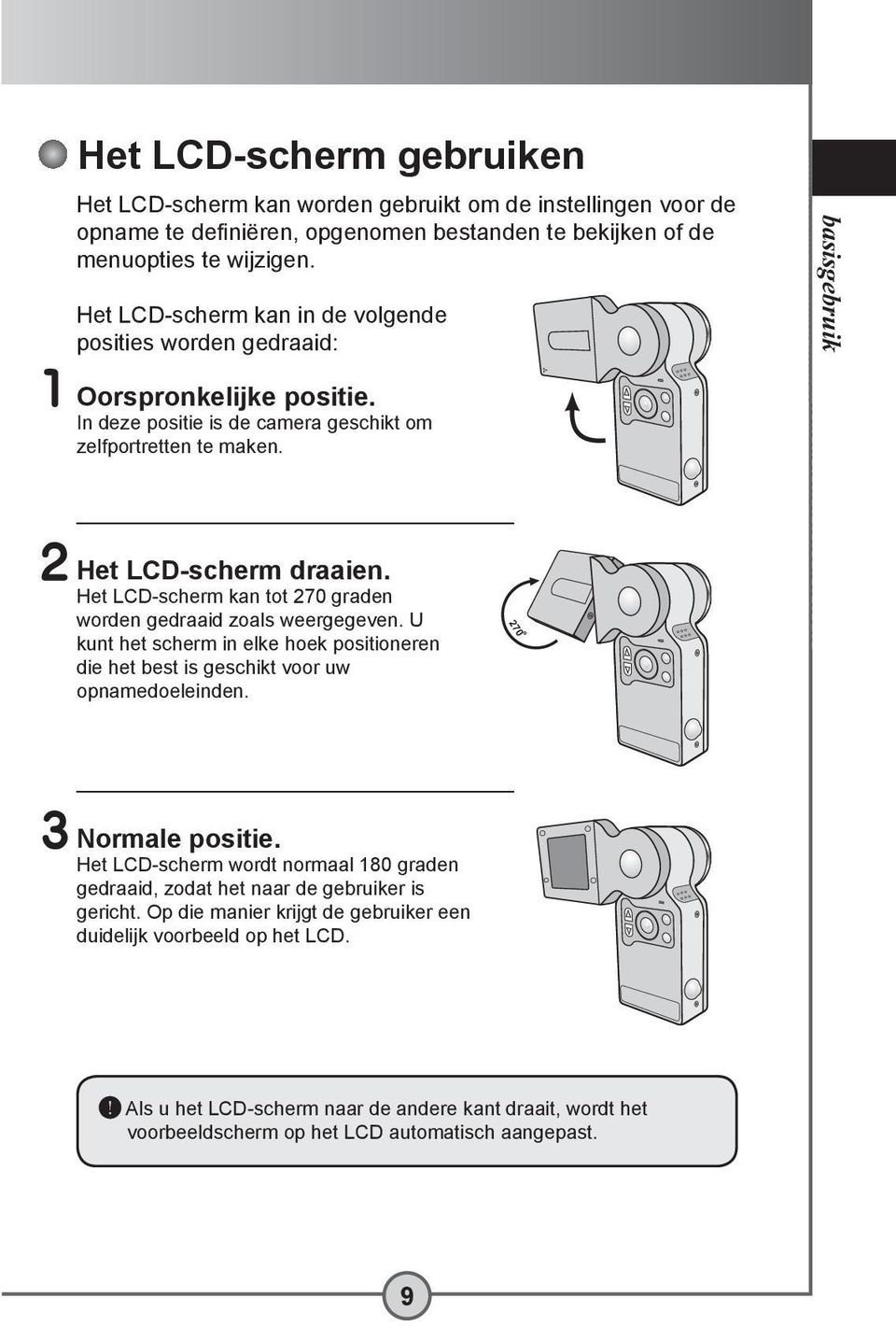 Het LCD-scherm kan tot 270 graden worden gedraaid zoals weergegeven. U kunt het scherm in elke hoek positioneren die het best is geschikt voor uw opnamedoeleinden. 270 3 Normale positie.