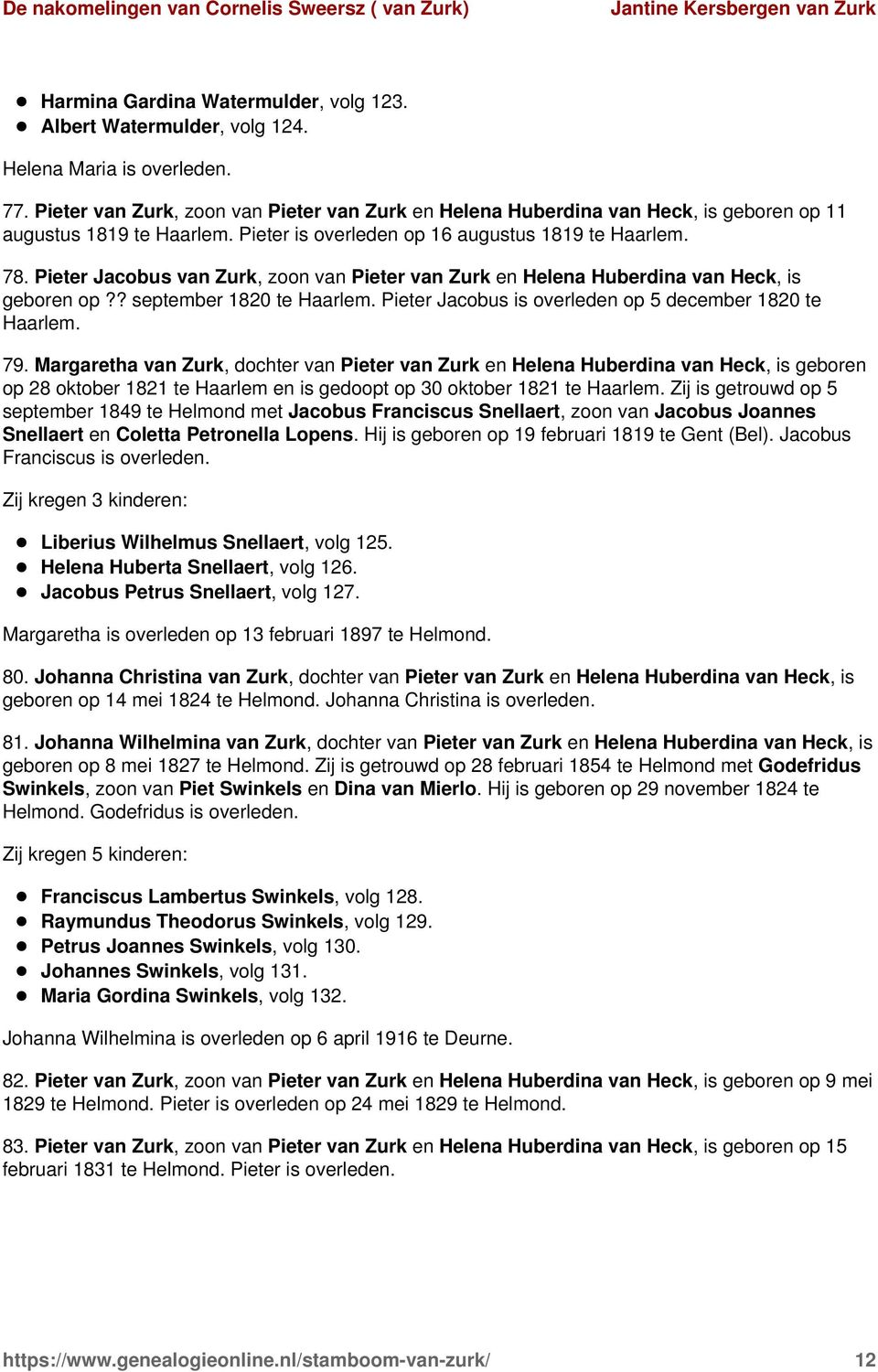 Pieter Jacobus van Zurk, zoon van Pieter van Zurk en Helena Huberdina van Heck, is geboren op?? september 1820 te Haarlem. Pieter Jacobus is overleden op 5 december 1820 te Haarlem. 79.