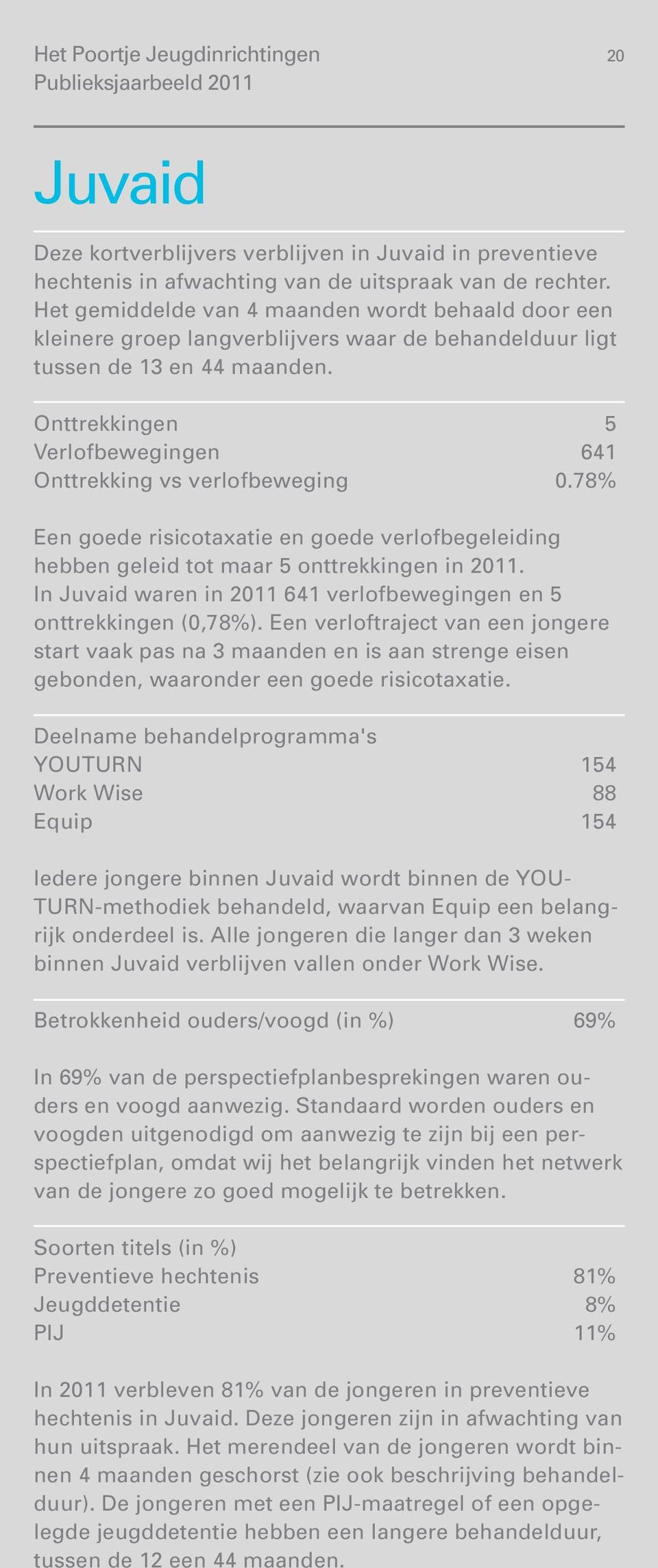 Onttrekkingen 5 Verlofbewegingen 641 Onttrekking vs verlofbeweging 0.78% Een goede risicotaxatie en goede verlofbegeleiding hebben geleid tot maar 5 onttrekkingen in 2011.