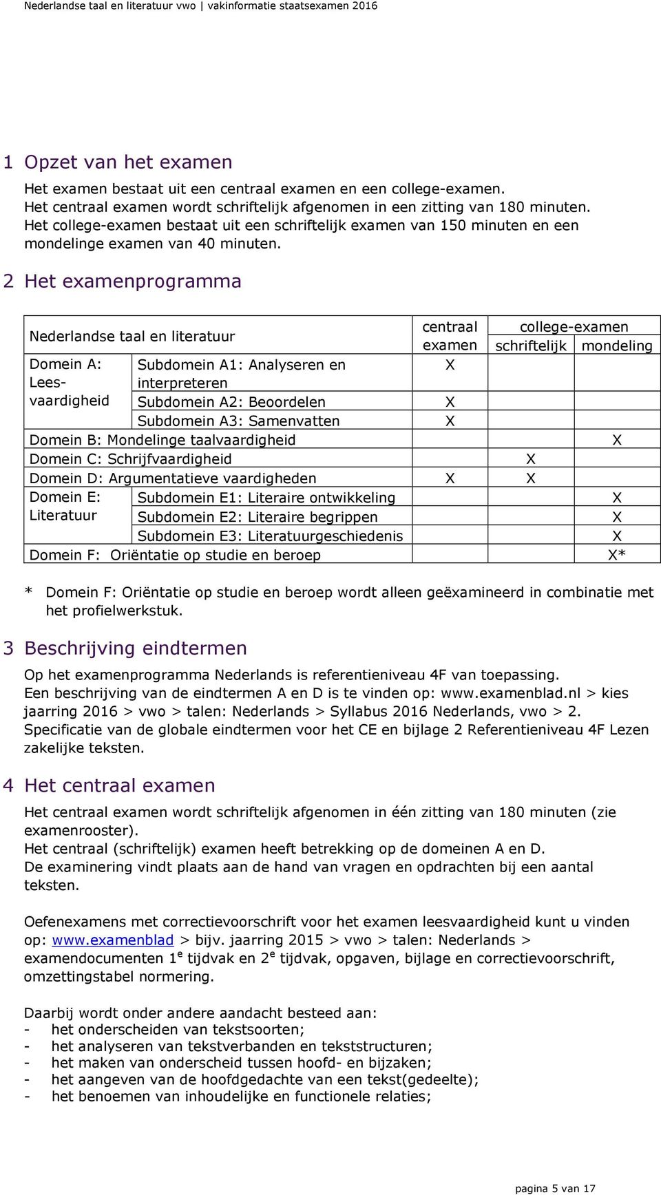 2 Het examenprogramma Nederlandse taal en literatuur centraal examen X college-examen schriftelijk mondeling Domein A: Leesvaardigheid Subdomein A1: Analyseren en interpreteren Subdomein A2: