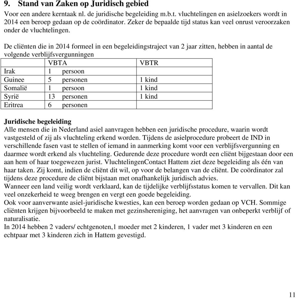 De cliënten die in 2014 formeel in een begeleidingstraject van 2 jaar zitten, hebben in aantal de volgende verblijfsvergunningen VBTA VBTR Irak 1 persoon Guinee 5 personen 1 kind Somalië 1 persoon 1