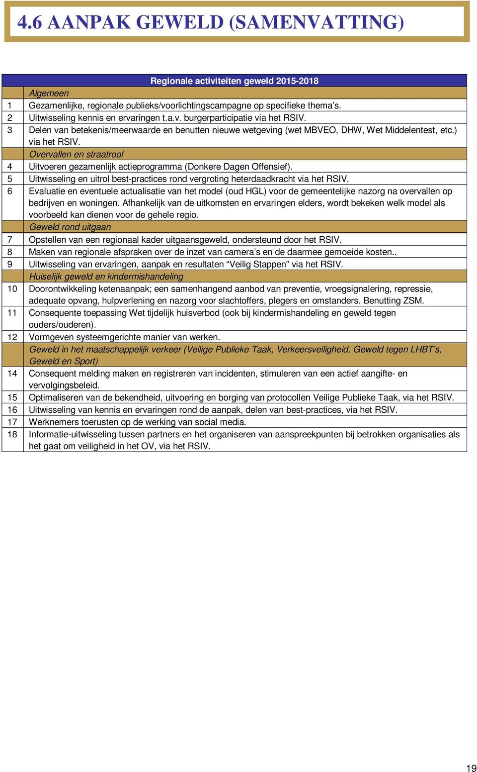 Overvallen en straatroof 4 Uitvoeren gezamenlijk actieprogramma (Donkere Dagen Offensief). 5 Uitwisseling en uitrol best-practices rond vergroting heterdaadkracht via het RSIV.