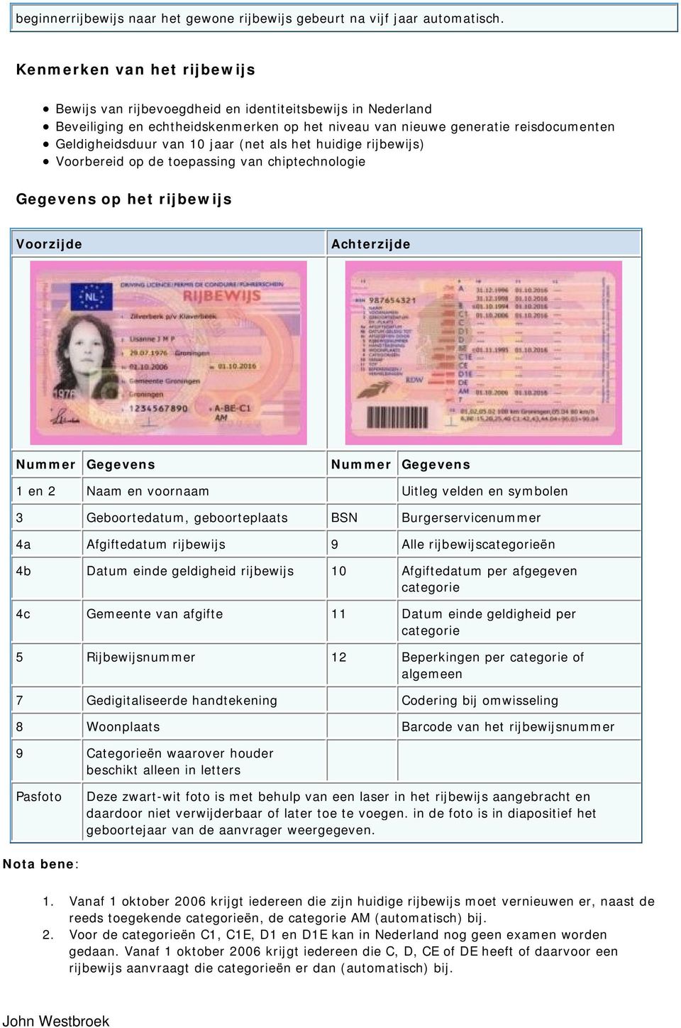 (net als het huidige rijbewijs) Voorbereid op de toepassing van chiptechnologie Gegevens op het rijbewijs Voorzijde Achterzijde Nummer Gegevens Nummer Gegevens 1 en 2 Naam en voornaam Uitleg velden