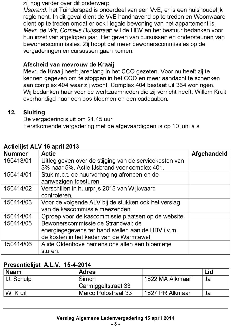 de Wit, Cornelis Buijsstraat: wil de HBV en het bestuur bedanken voor hun inzet van afgelopen jaar. Het geven van cursussen en ondersteunen van bewonerscommissies.