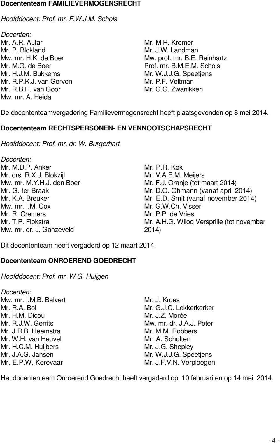 Speetjens Mr. P.F. Veltman Mr. G.G. Zwanikken De docententeamvergadering Familievermogensrecht heeft plaatsgevonden op 8 mei 2014. Docententeam RECHTSPERSONEN- EN VENNOOTSCHAPSRECHT Hoofddocent: Prof.