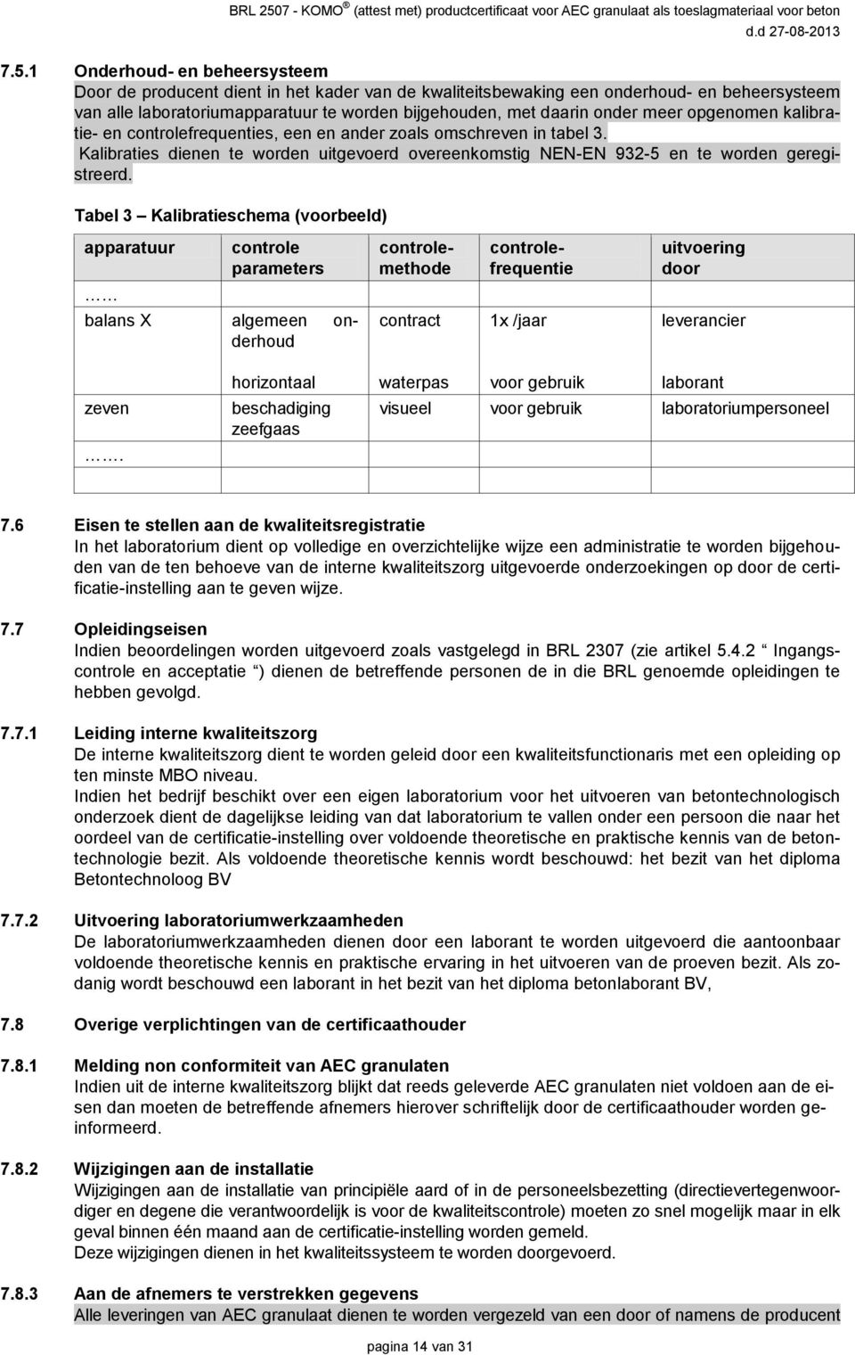 Tabel 3 Kalibratieschema (voorbeeld) apparatuur controle parameters controlemethode controlefrequentie uitvoering door balans X algemeen onderhoud contract 1x /jaar leverancier zeven.