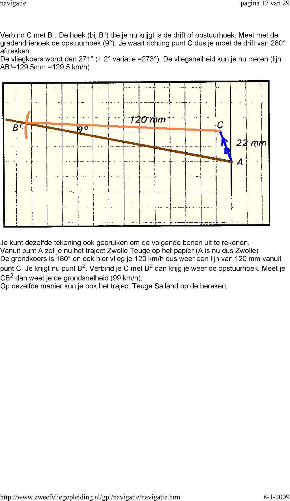 De vliegsnelheid kun je nu meten (lijn AB¹=129,5mm =129,5 km/h) Je kunt dezelfde tekening ook gebruiken om de volgende benen uit te rekenen.