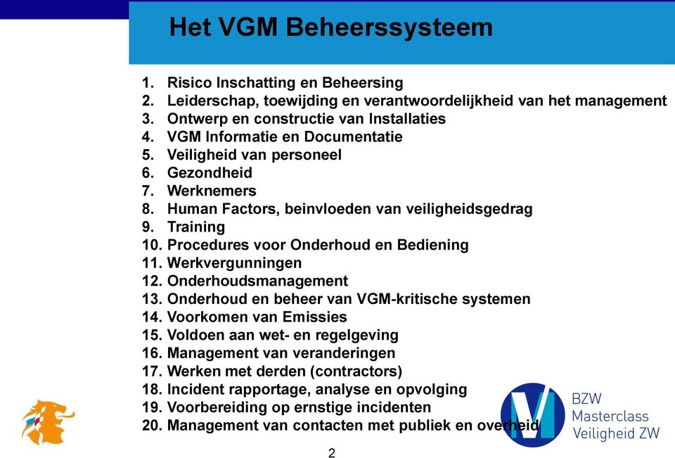 Procedures voor Onderhoud en Bediening 11. Werkvergunningen 12. Onderhoudsmanagement 13. Onderhoud en beheer van VGM-kritische systemen 14. Voorkomen van Emissies 15.