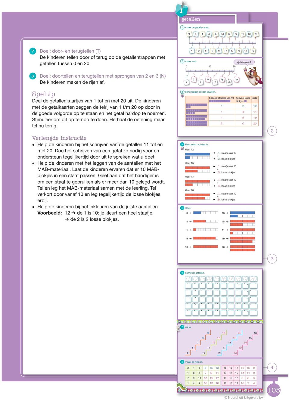 De kinderen met de getalkaarten zeggen de telrij van t/m op door in de goede volgorde op te staan en et getal ardop te noemen. Stimuleer om dit op tempo te doen. Heraal de oefening maar tel nu terug.