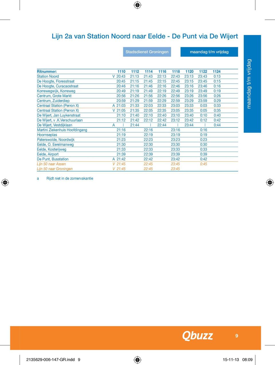 Grote Markt 20:56 21:26 21:56 22:26 22:56 23:26 23:56 0:26 Centrum, Zuiderdiep 20:59 21:29 21:59 22:29 22:59 23:29 23:59 0:29 Centraal Station (Perron X) A 21:03 21:33 22:03 22:33 23:03 23:33 0:03