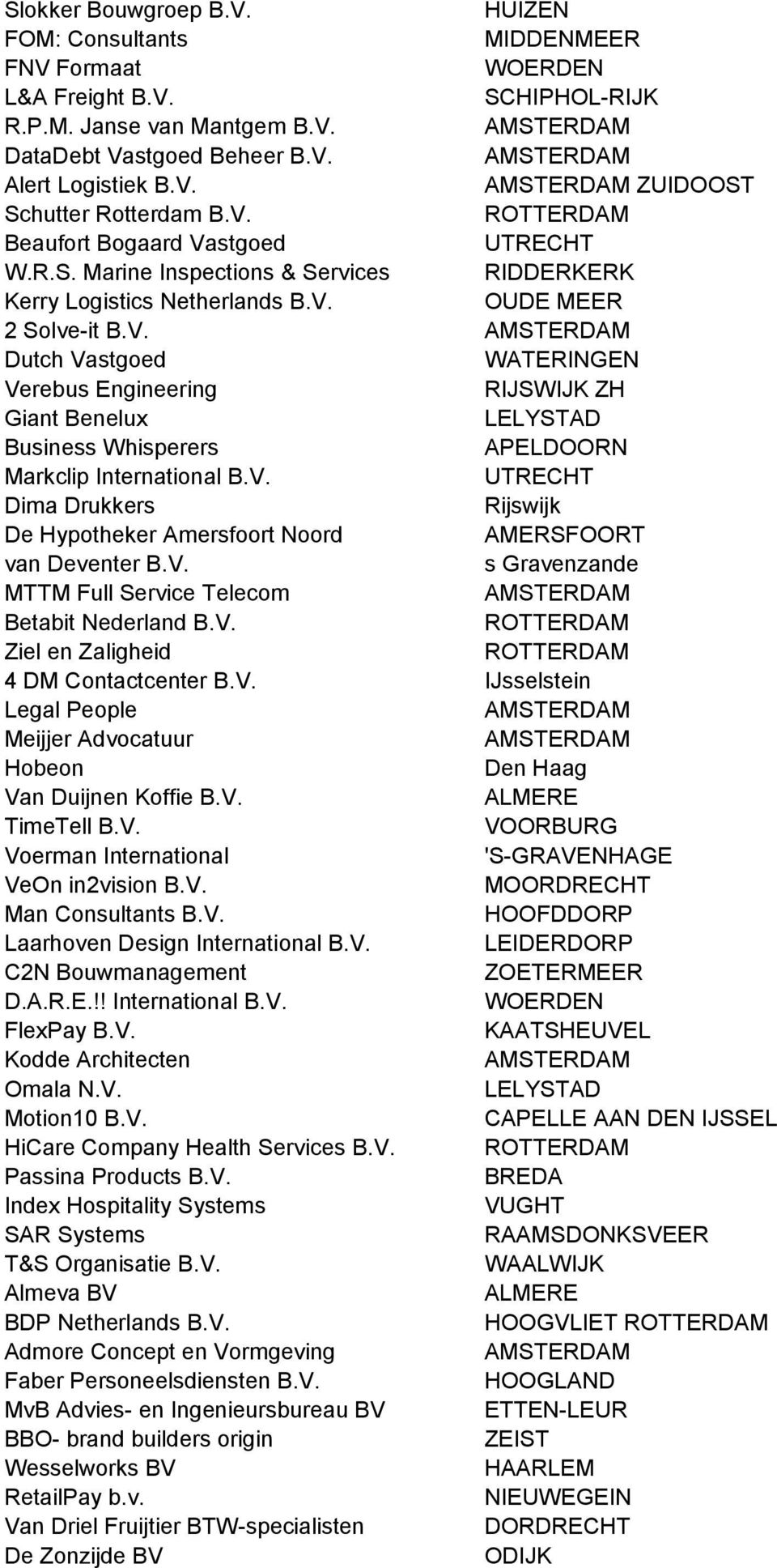 V. Dima Drukkers Rijswijk De Hypotheker Amersfoort Noord van Deventer B.V. s Gravenzande MTTM Full Service Telecom Betabit Nederland B.V. Ziel en Zaligheid 4 DM Contactcenter B.V. IJsselstein Legal People Meijjer Advocatuur Hobeon Den Haag Van Duijnen Koffie B.