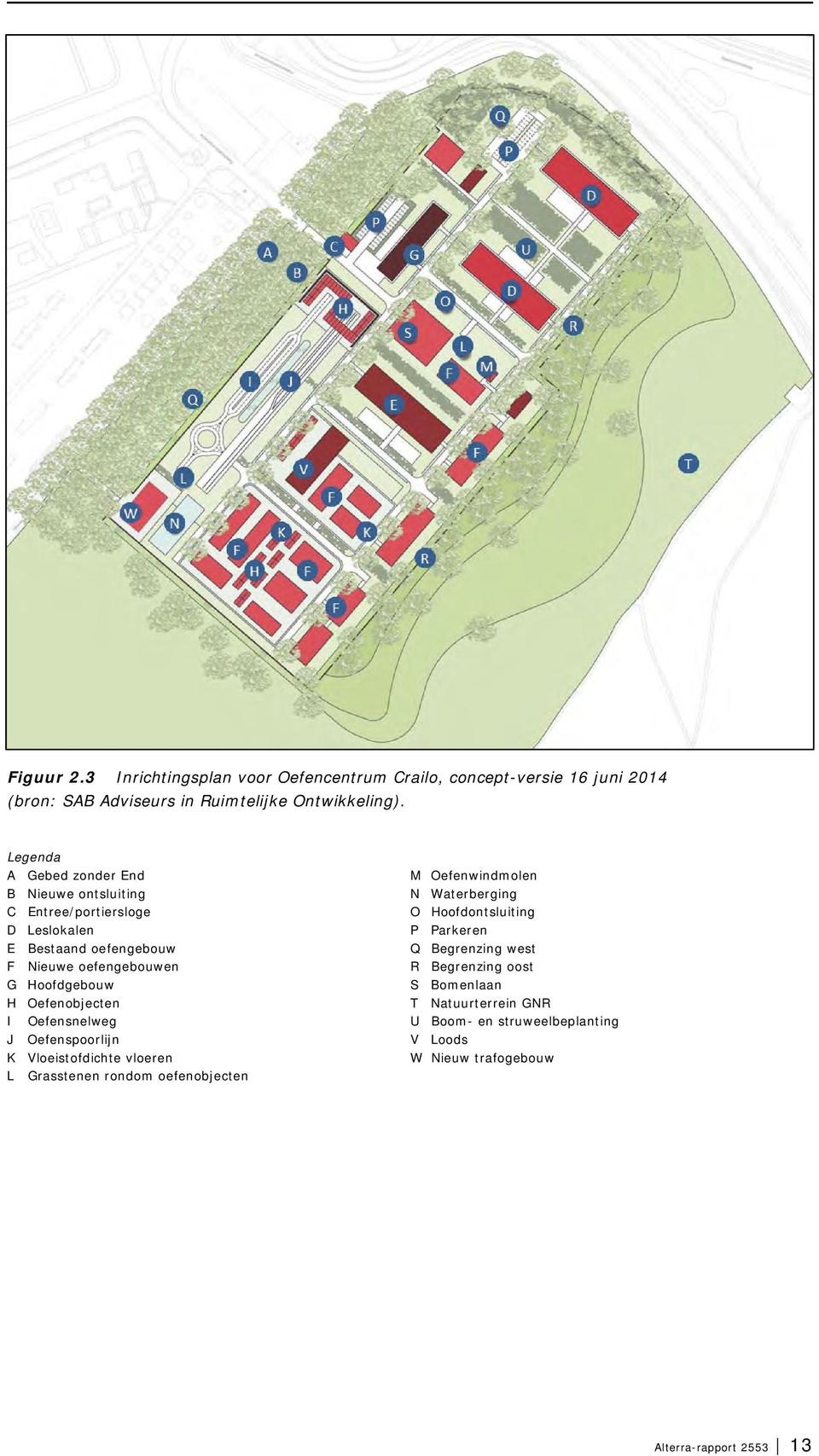 Oefenobjecten I Oefensnelweg J Oefenspoorlijn K Vloeistofdichte vloeren L Grasstenen rondom oefenobjecten M Oefenwindmolen N Waterberging O