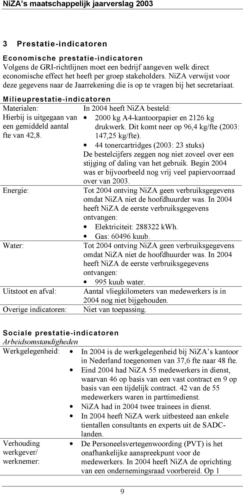 Milieuprestatie-indicatoren Materialen: In 2004 heeft NiZA besteld: Hierbij is uitgegaan van een gemiddeld aantal fte van 42,8. 2000 kg A4-kantoorpapier en 2126 kg drukwerk.