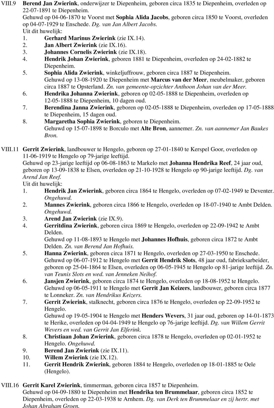 Jan Albert Zwierink (zie IX.16). 3. Johannes Cornelis Zwierink (zie IX.18). 4. Hendrik Johan Zwierink, geboren 1881 te Diepenheim, overleden op 24-02-1882 te Diepenheim. 5.