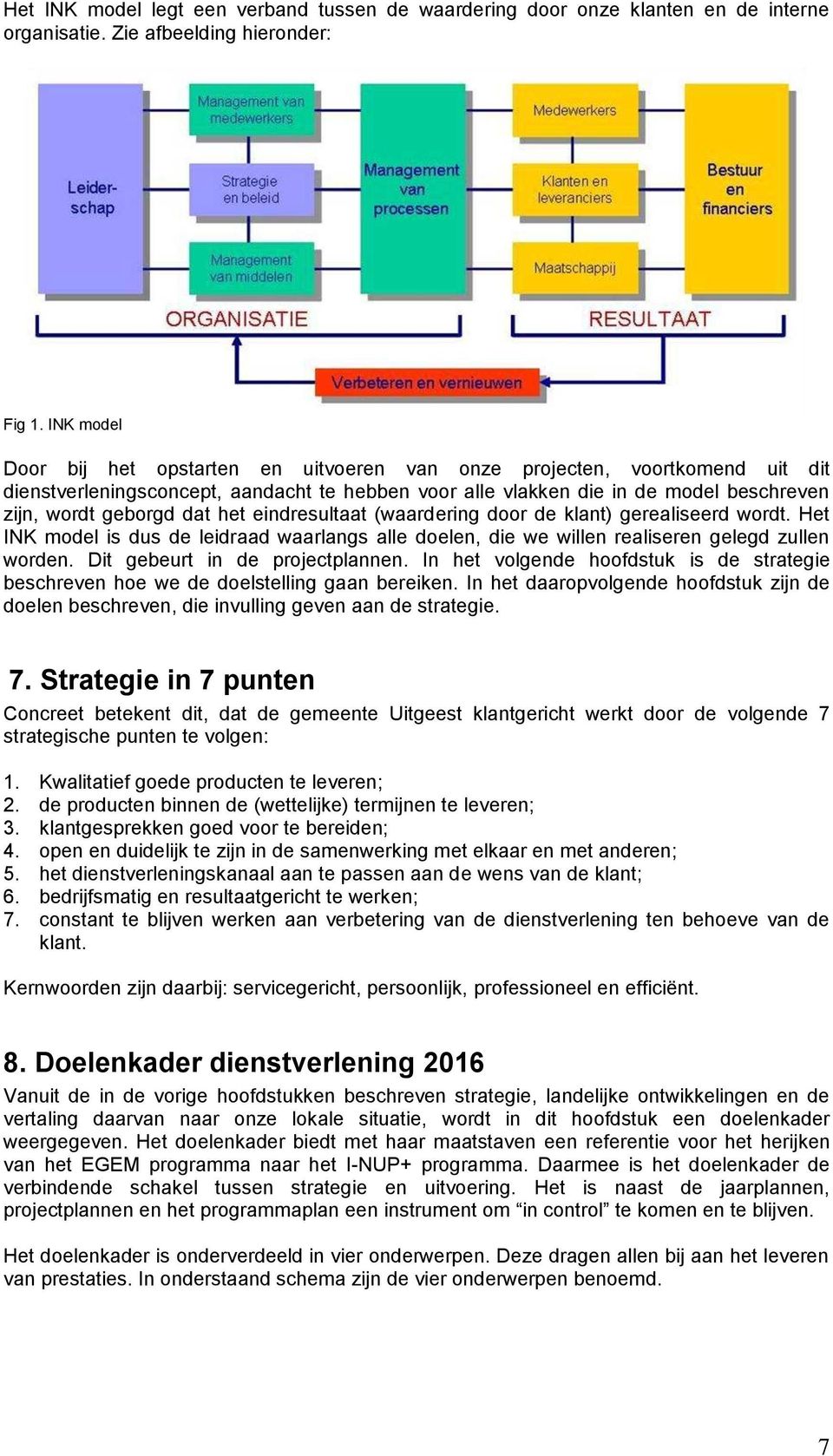 het eindresultaat (waardering door de klant) gerealiseerd wordt. Het INK model is dus de leidraad waarlangs alle doelen, die we willen realiseren gelegd zullen worden.