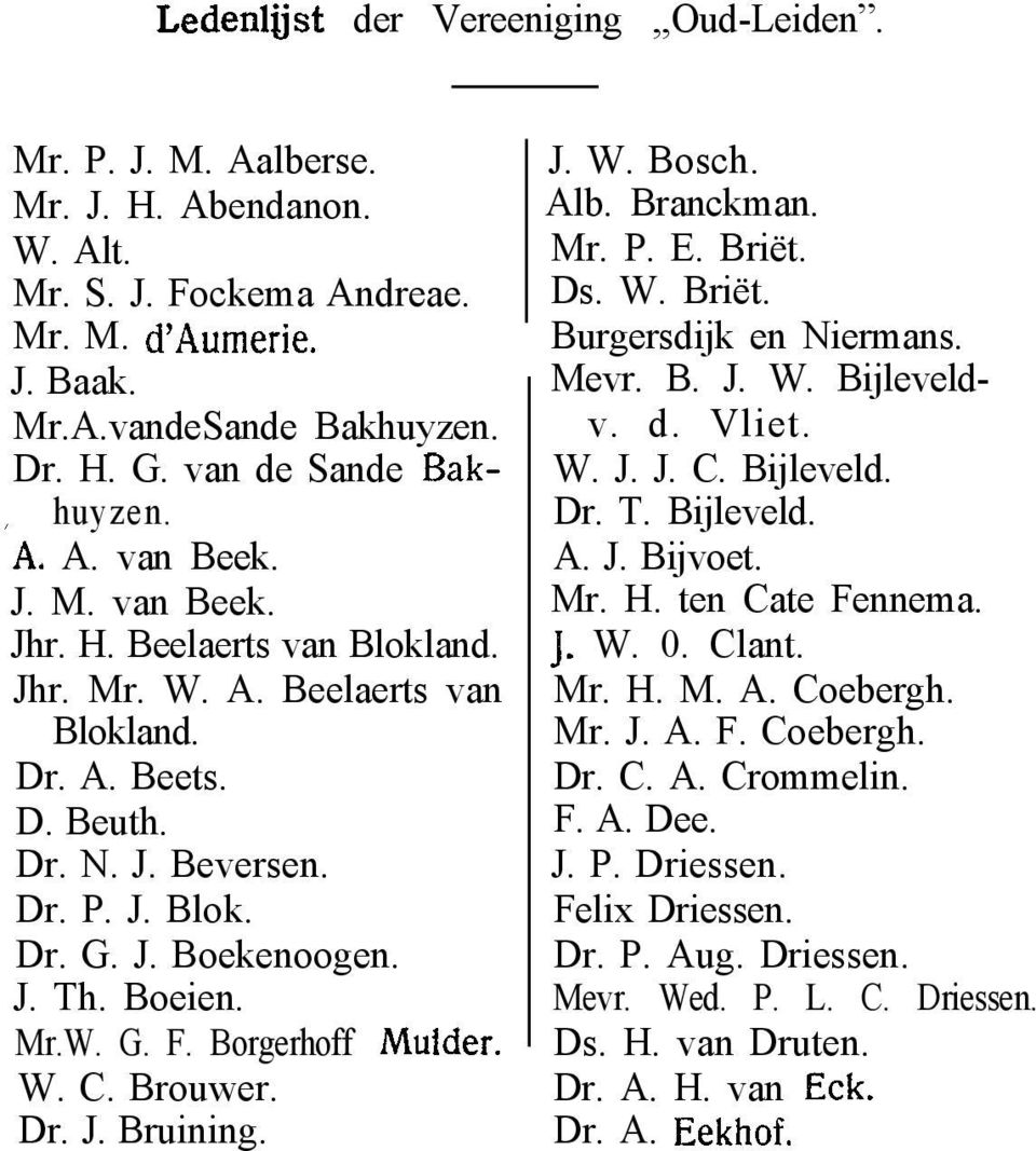 J. Th. Boeien. Mr.W. G. F. Borgerhoff Muider. W. C. Brouwer. Dr. J. Bruining. J. W. Bosch. Alb. Branckman. Mr. P. E. Briët. Ds. W. Briët. Burgersdijk en Niermans. Mevr. B. J. W. Bijleveldv. d. Vliet.