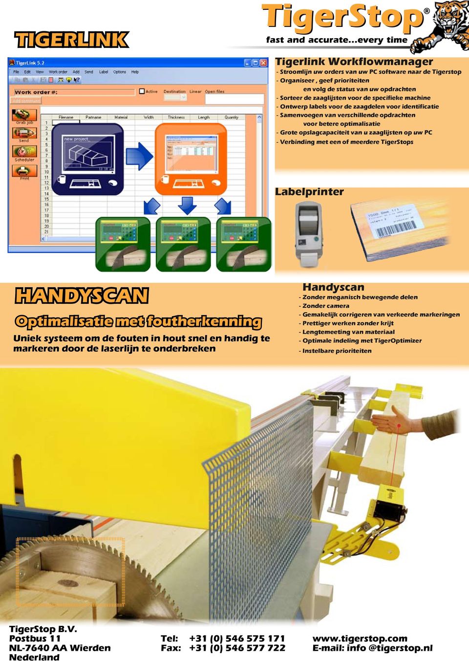 --Verbinding met een of meerdere TigerStops Labelprinter HANDYSCAN Optimalisatie met foutherkenning Uniek systeem om de fouten in hout snel en handig te markeren door de laserlijn te onderbreken