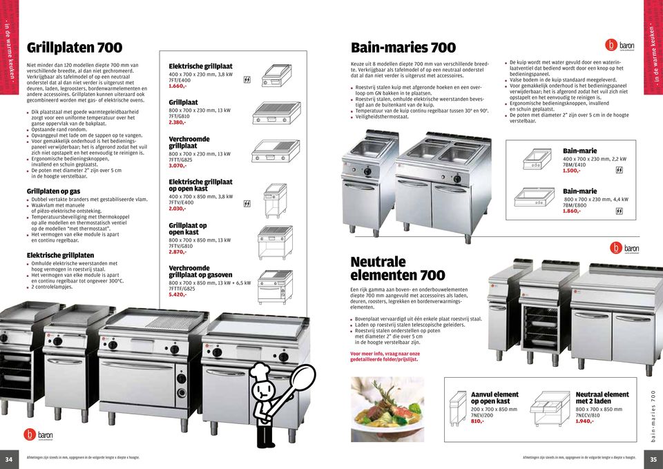 Verkrijgbaar als tafelmodel of op een neutraal onderstel dat al dan niet verder is uitgerust met deuren, laden, legroosters, bordenwarmelementen en andere accessoires.