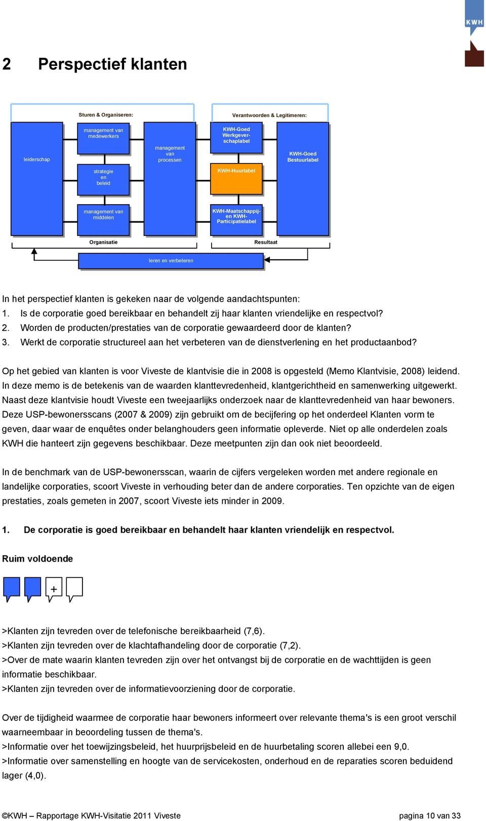 aandachtspunten: 1. Is de corporatie goed bereikbaar en behandelt zij haar klanten vriendelijke en respectvol? 2. Worden de producten/prestaties van de corporatie gewaardeerd door de klanten? 3.