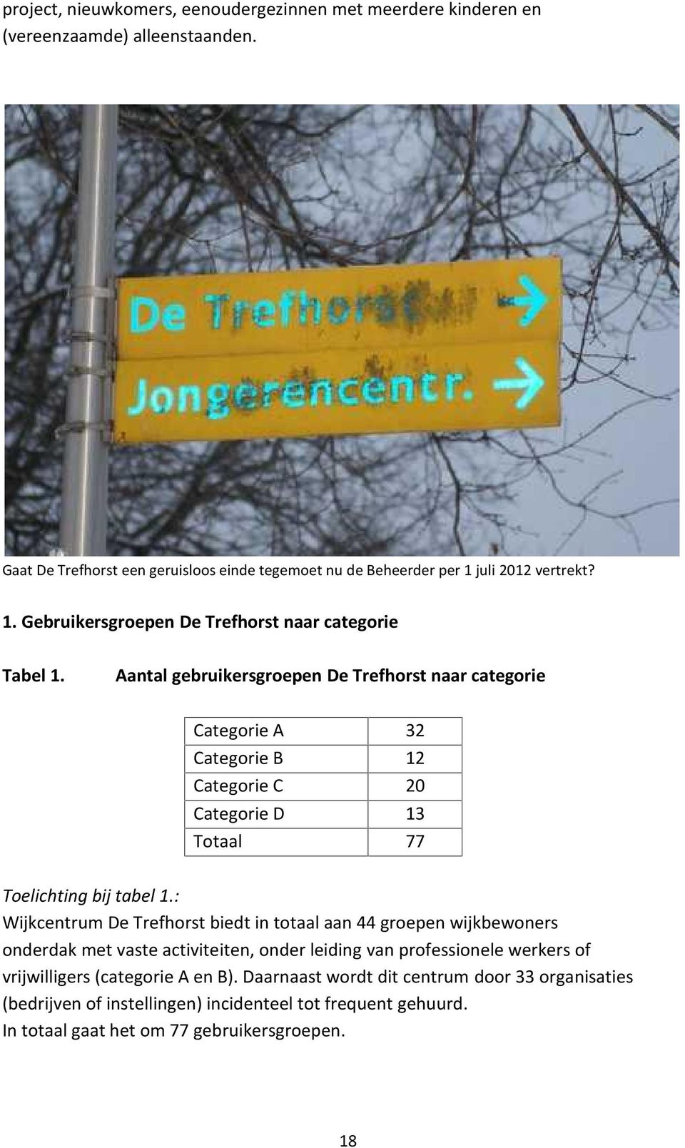 Aantal gebruikersgroepen De Trefhorst naar categorie Categorie A 32 Categorie B 12 Categorie C 20 Categorie D 13 Totaal 77 Toelichting bij tabel 1.