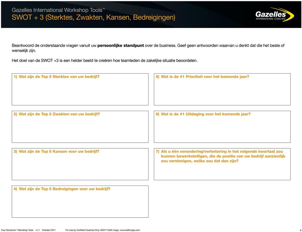 1) Wat zijn de Top 5 Sterktes van uw bedrijf? 5) Wat is de #1 Prioriteit voor het komende jaar? 2) Wat zijn de Top 5 Zwakten van uw bedrijf? 6) Wat is de #1 Uitdaging voor het komende jaar?