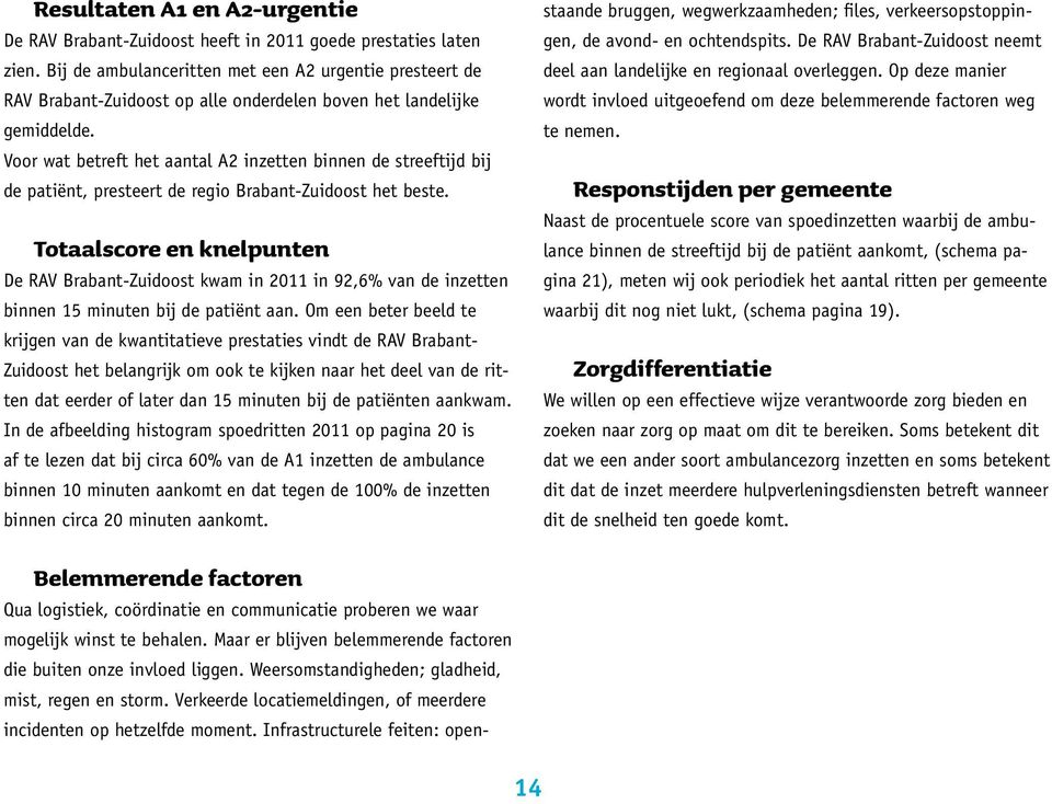 Voor wat betreft het aantal A2 inzetten binnen de streeftijd bij de patiënt, presteert de regio Brabant-Zuidoost het beste.