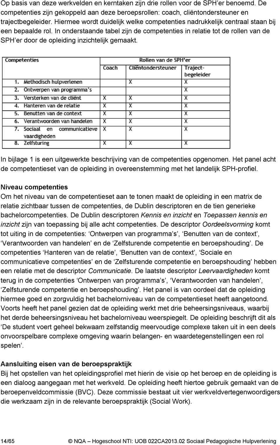 In onderstaande tabel zijn de competenties in relatie tot de rollen van de SPH er door de opleiding inzichtelijk gemaakt. In bijlage 1 is een uitgewerkte beschrijving van de competenties opgenomen.