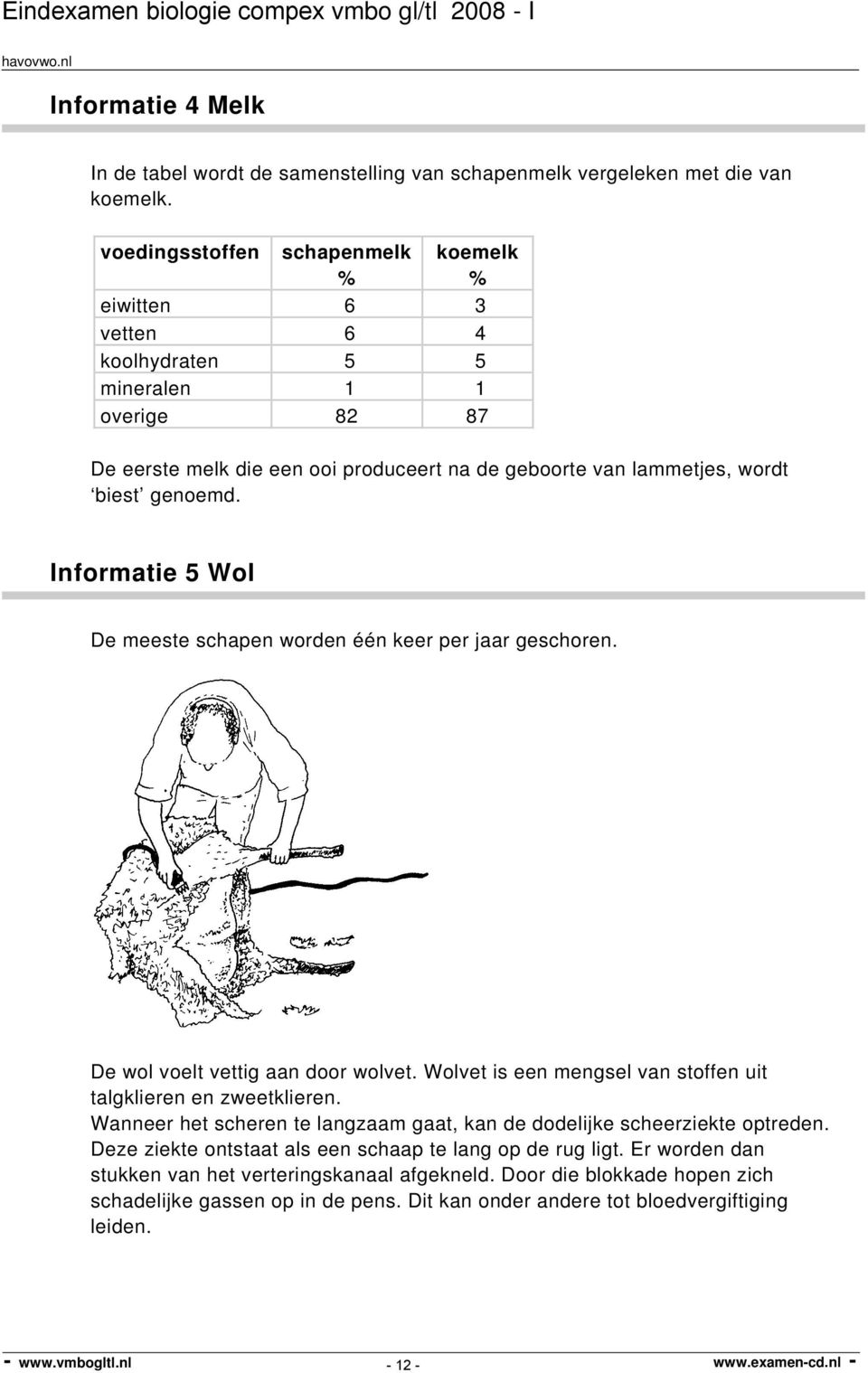 Informatie 5 Wol De meeste schapen worden één keer per jaar geschoren. De wol voelt vettig aan door wolvet. Wolvet is een mengsel van stoffen uit talgklieren en zweetklieren.