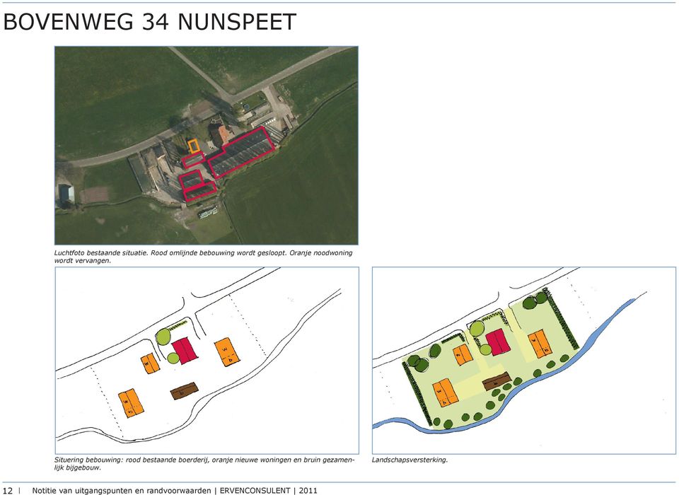 Situering bebouwing: rood bestaande boerderij, oranje nieuwe woningen en bruin