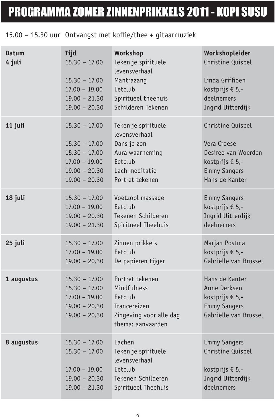 30 17.00 Teken je spirituele Christine Quispel levensverhaal 15.30 17.00 Dans je zon Vera Croese 15.30 17.00 Aura waarneming Desiree van Woerden 19.00 20.30 Lach meditatie Emmy Sangers 19.00 20.30 Portret tekenen Hans de Kanter 18 juli 15.