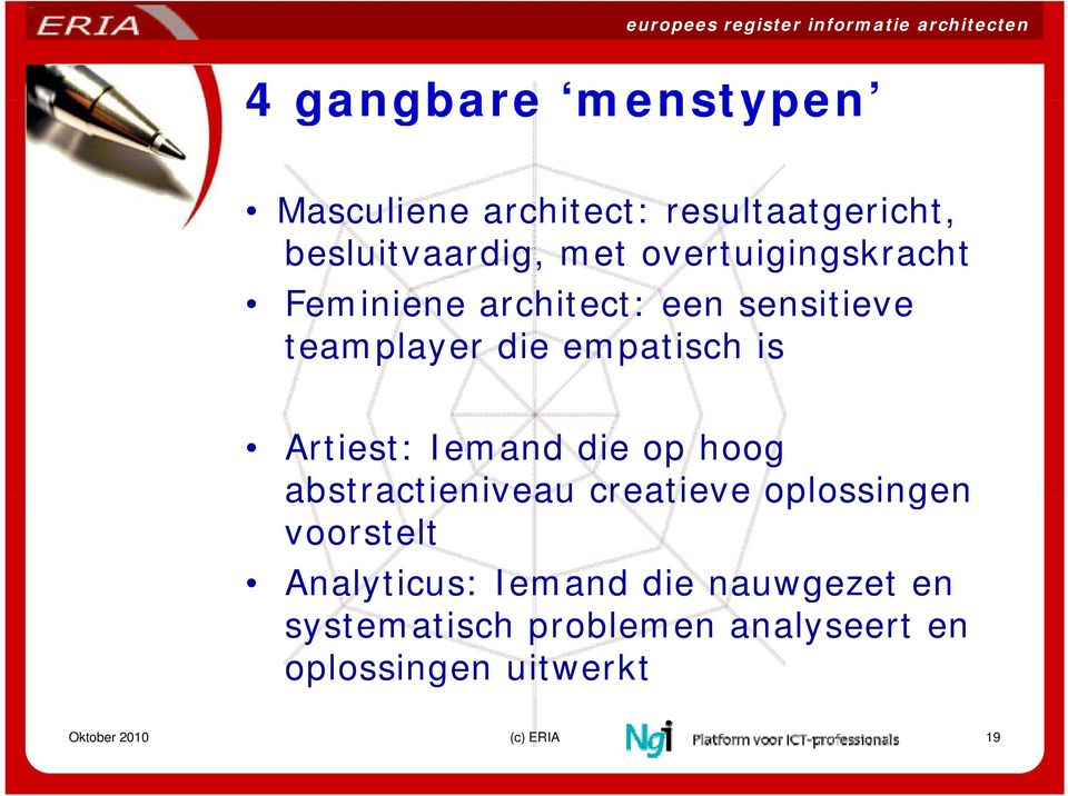 Artiest: Iemand die op hoog abstractieniveau creatieve oplossingen voorstelt Analyticus: