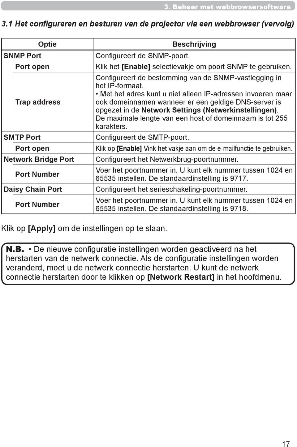 Met het adres kunt u niet alleen IP-adressen invoeren maar ook domeinnamen wanneer er een geldige DNS-server is opgezet in de Network Settings (Netwerkinstellingen).