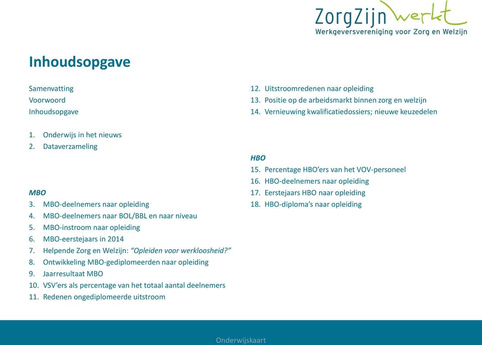 MBO-instroom naar opleiding 6. MBO-eerstejaars in 2014 7. Helpende Zorg en Welzijn: Opleiden voor werkloosheid? 8. Ontwikkeling MBO-gediplomeerden naar opleiding 9. Jaarresultaat MBO 10.