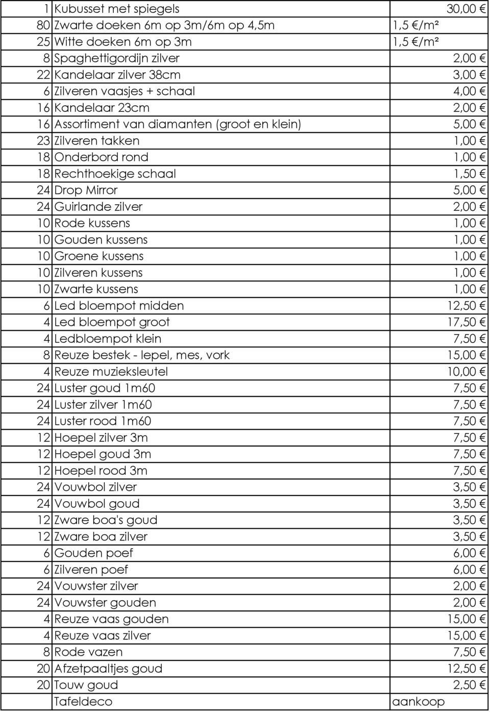 10 Rode kussens 1,00 10 Gouden kussens 1,00 10 Groene kussens 1,00 10 Zilveren kussens 1,00 10 Zwarte kussens 1,00 6 Led bloempot midden 12,50 4 Led bloempot groot 17,50 4 Ledbloempot klein 7,50 8