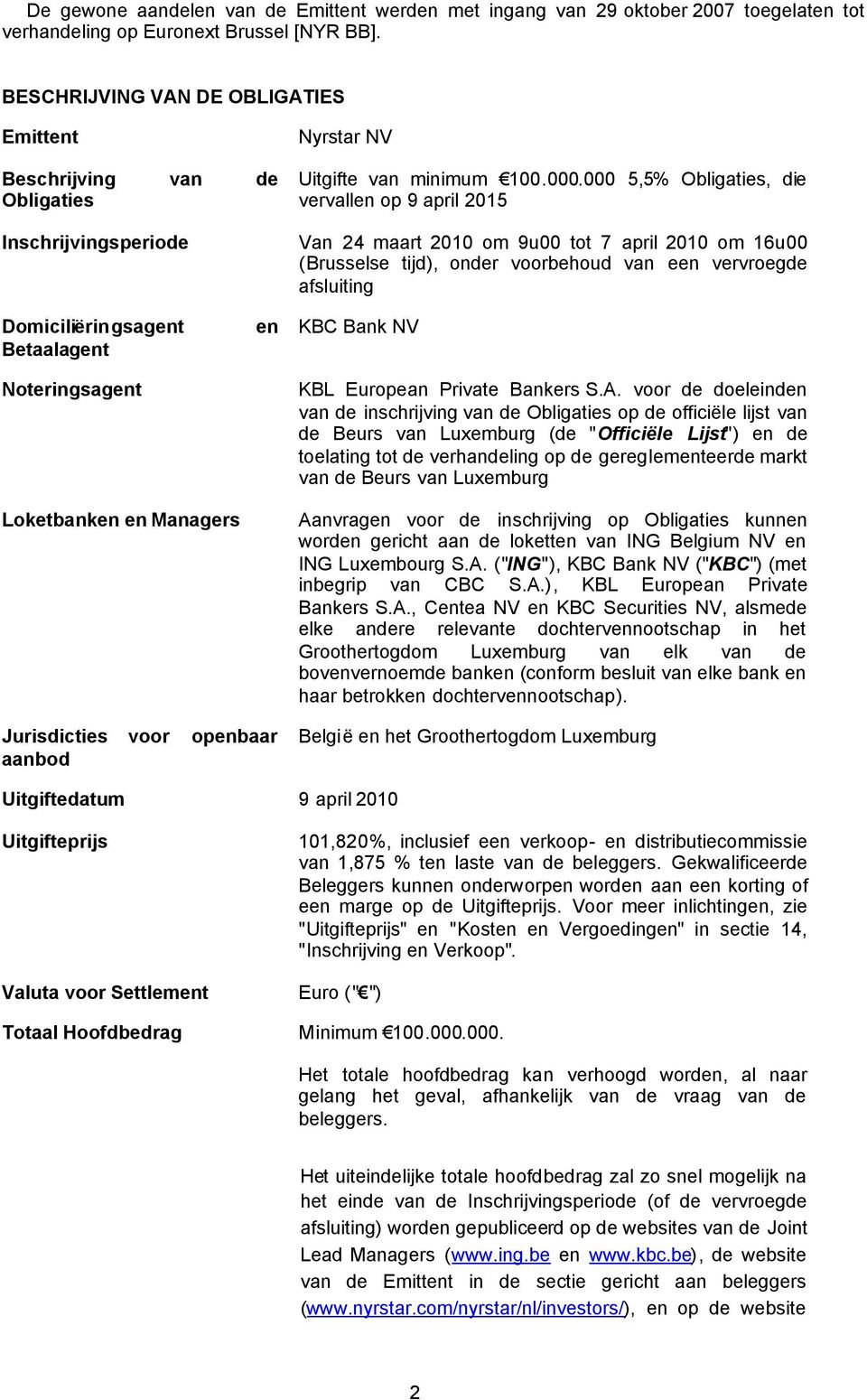 000 5,5% Obligaties, die vervallen op 9 april 2015 Van 24 maart 2010 om 9u00 tot 7 april 2010 om 16u00 (Brusselse tijd), onder voorbehoud van een vervroegde afsluiting Domiciliëringsagent Betaalagent