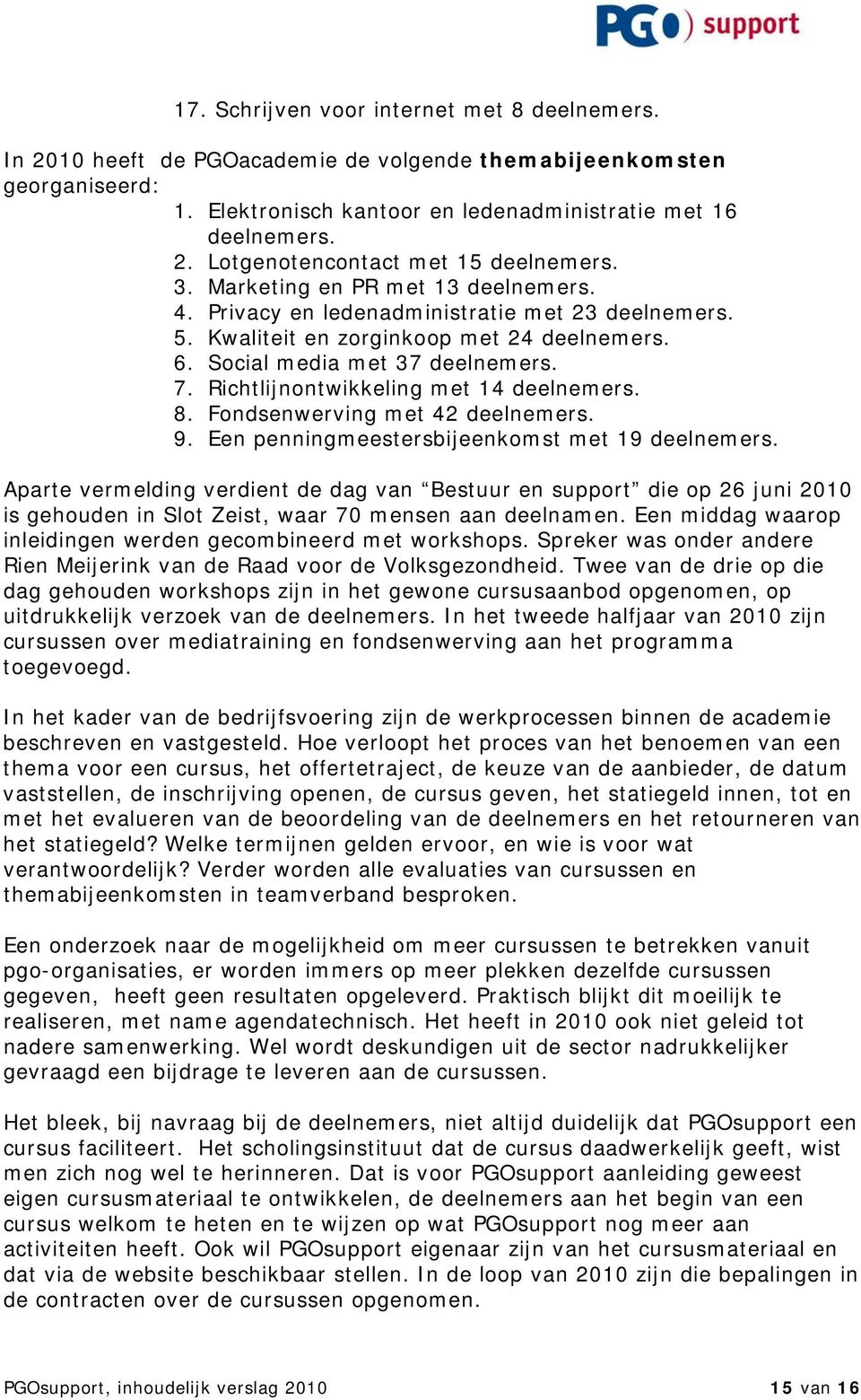 Richtlijnontwikkeling met 14 deelnemers. 8. Fondsenwerving met 42 deelnemers. 9. Een penningmeestersbijeenkomst met 19 deelnemers.