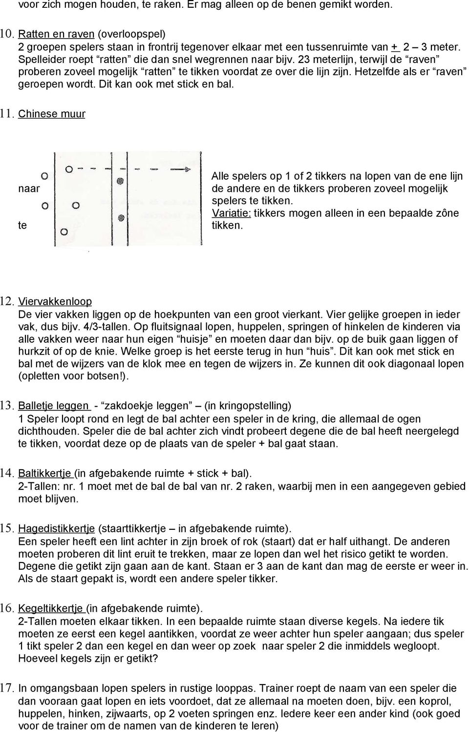 Dit kan ook met stick en bal. 11. Chinese muur naar te Alle spelers op 1 of 2 tikkers na lopen van de ene lijn de andere en de tikkers proberen zoveel mogelijk spelers te tikken.