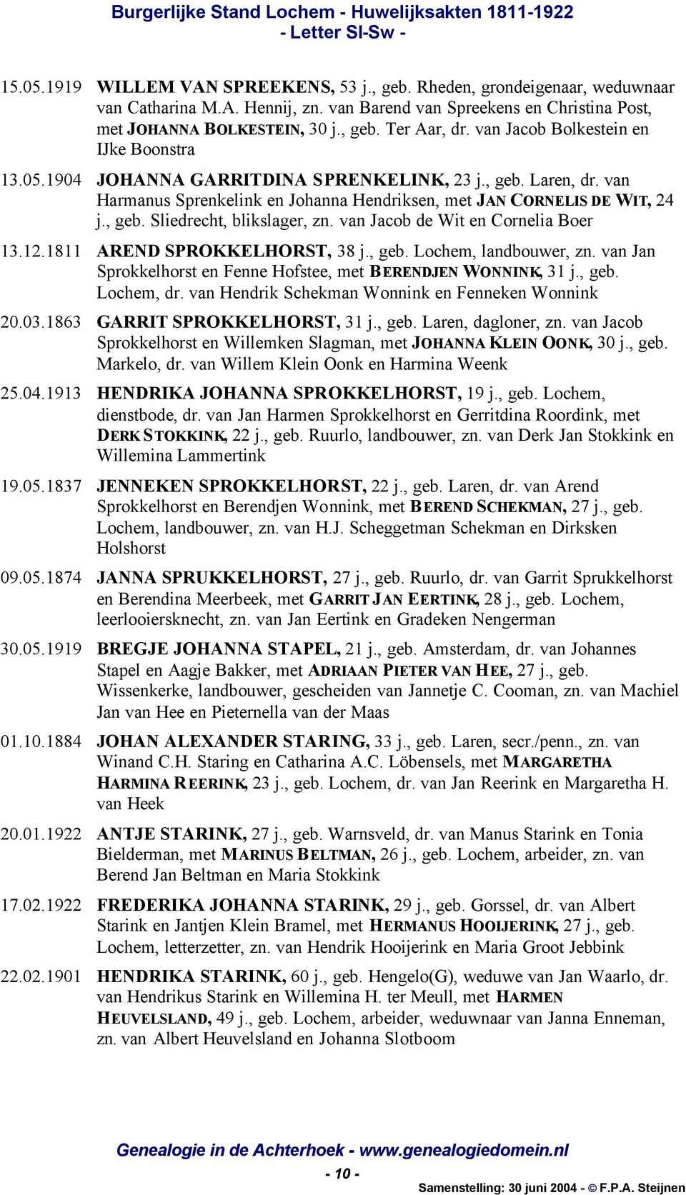 van Jacob de Wit en Cornelia Boer 13.12.1811 AREND SPROKKELHORST, 38 j., geb. Lochem, landbouwer, zn. van Jan Sprokkelhorst en Fenne Hofstee, met BERENDJEN WONNINK, 31 j., geb. Lochem, dr.