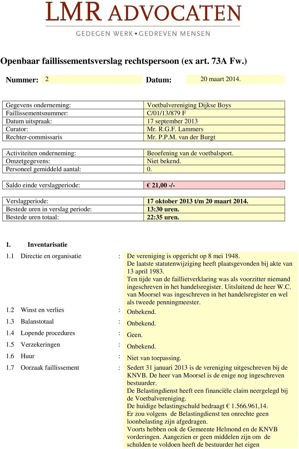 . R.G.F. Lammers Rechter-commissaris Mr. P.P.M. van der Burgt Activiteiten onderneming: Beoefening van de voetbalsport. Omzetgegevens: Niet bekend. Personeel gemiddeld aantal: 0.